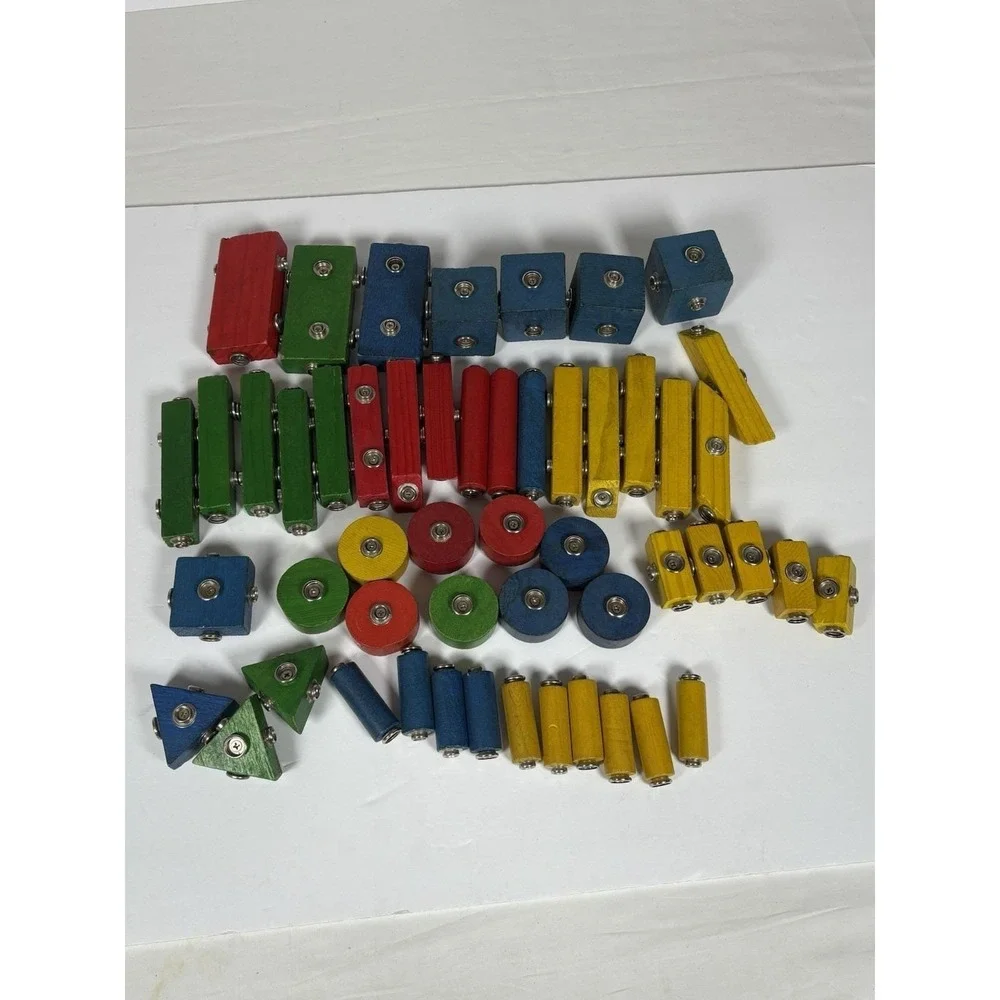 Vintage Blockfast Snap-N-Play Wooden Construction Toy Blocks Mixed Lot 52 Piece